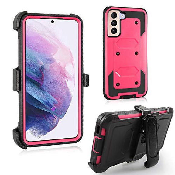 GoldCherry for Samsung Galaxy S21 Case,Heavy Duty Shock-Absorption/High Impact Resistant Armor Holster Defender Case with Kickstand + Swivel Belt Clip Holster for Samsung Galaxy S21 6.2 Inch(Pink)
