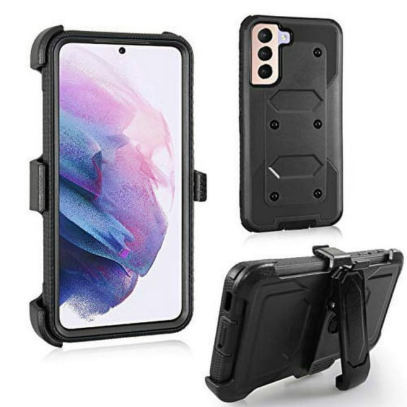 GoldCherry for Samsung Galaxy S21 Case,Heavy Duty Shock-Absorption/High Impact Resistant Armor Holster Defender Case with Kickstand + Swivel Belt Clip Holster for Samsung Galaxy S21 6.2 Inch(Black)