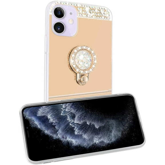 GoldCherry for iPhone 12 Mini 2020 Released 5.4" Case,Diamond Mirror Glitter Case with Bling Crystal Rhinestone Ring Holder Finger Grip Stand Kickstand Case for Apple iPhone 12 Mini(Gold)