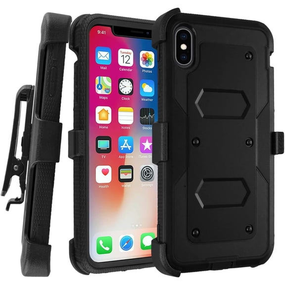 GoldCherry iPhone XS Max 6.5 inch case, Heavy Duty Shockproof Rugged Hybrid Housing with Rotating Belt Clip and Bracket for Apple iPhone XS Max 6.5 inch (Black)