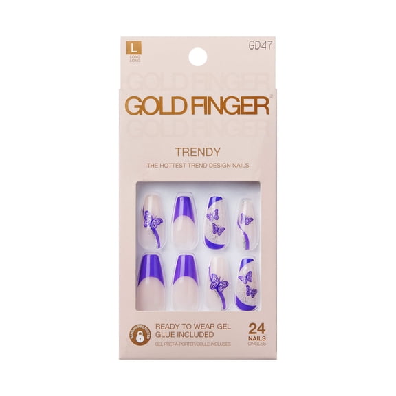 GoldFinger 24 Pcs Press On Nails, Long Coffin Fake Nails, Purple Butterfly Gel Stick On Extensions, Reusable Full Cover False Nail Kit with Glue, Manicure Stick & File, 7 Day Long Lasting Wear