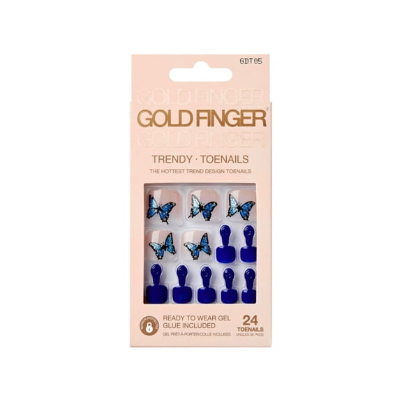 GoldFinger 24 Pcs Press On Toenails, Ready to Wear Fake Nails, Flower French Tip Gel Stick On Extensions, Reusable Pedicure False Nail Kit with Glue, Cuticle Stick & File, 7 Day Long Lasting Wear