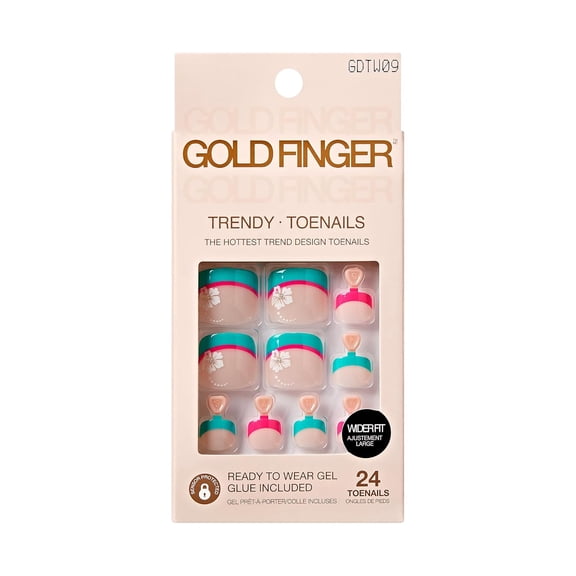GoldFinger 24 Pcs Press On Toenails, Wide Fit Fake Nails, French Tip Gel Stick On Extensions, Reusable DIY Pedicure False Nail Kit with Glue, Cuticle Stick & File, 7 Day Long Lasting Wear