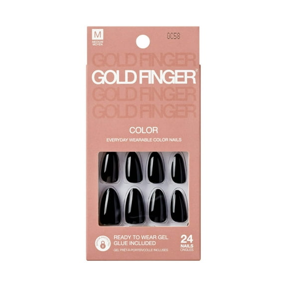 GoldFinger False Nails Kit, Black Fake Nails, Ready to Wear Gel & Manicure Stick included, Medium Almond Shape, Long-Lasting Hottest Trend Glue on Nails, Convenient & Easy to Apply (Pitch Black)