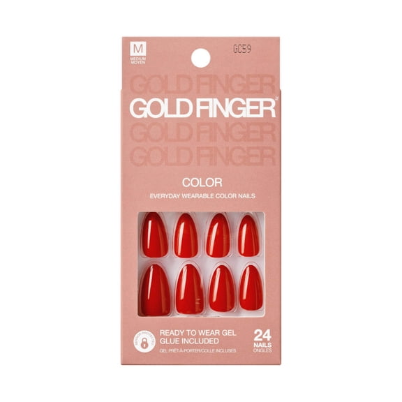 GoldFinger False Nails Kit, Red Fake Nails, Ready to Wear Gel & Manicure Stick included, Medium Almond Shape, Long-Lasting Hottest Trend Glue on Nails, Convenient & Easy to Apply (Scarlet)