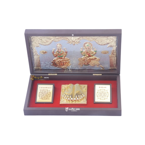 GoldGiftIdeas 24K Gold Plated Mahalakshmi Ganesha Photo Frame with Charan Paduka for Home Puja, Lakshmi-Ganesh Yantra Wooden Momento Gift (Pack of 10)
