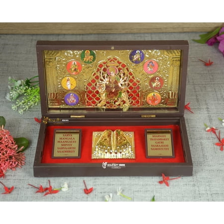 GoldGiftIdeas 24K Gold Plated NavaDurga Maa Photo Frame with Charan Paduka, Indian Return Gift for Housewarming, Durga Maa Idol Momento Gift