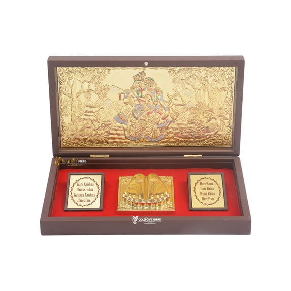 GoldGiftIdeas 24K Gold Plated Radha Krishna Photo Frame with Charan Paduka for Home, Return Gift for Anniversary, Wooden Momento Return Gift (Pack of 10)