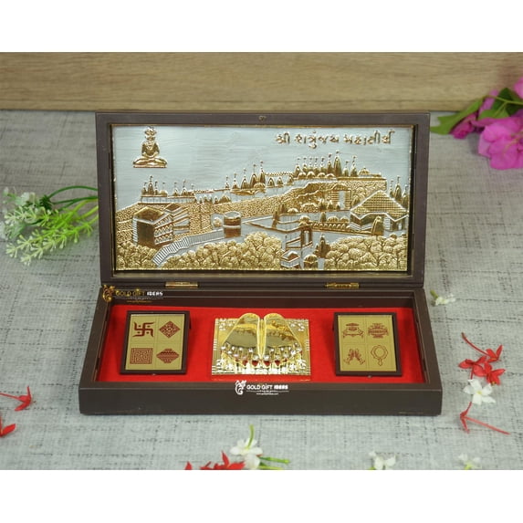 GoldGiftIdeas 24K Gold Plated Shree Satrunjay Mahatirth Photo Frame with Charan Paduka, Jain Darshan Photo Frame for Return Gift, Jain Frame
