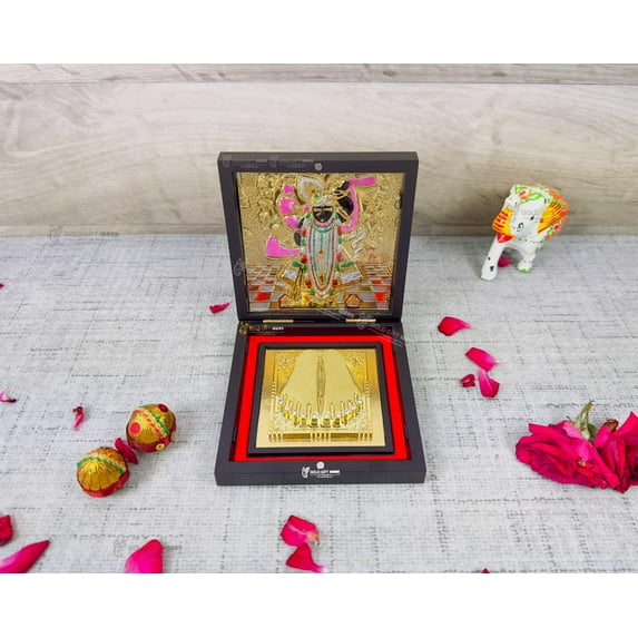 GoldGiftIdeas 24K Gold Plated Shrinathji Photo Frame with Charan Paduka, Baby Shower Return Gift, Krishna Wooden Momento Gift, Krishna Frame (Pack of 50)