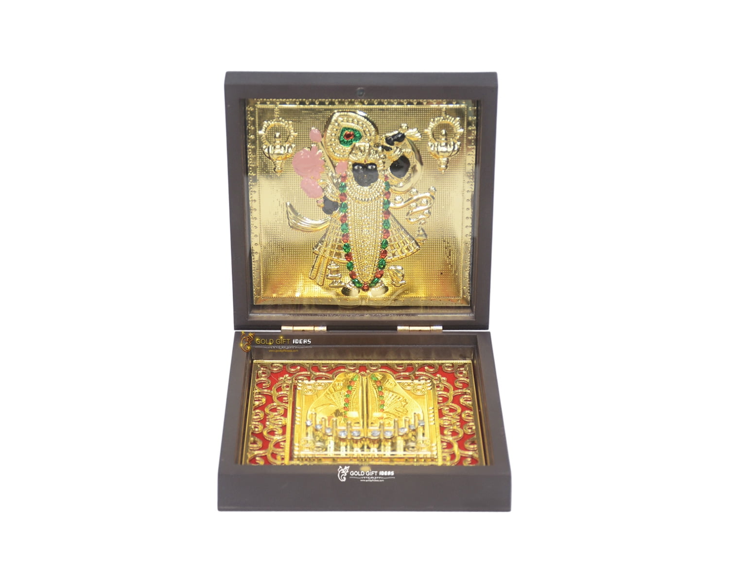 GoldGiftIdeas 24K Gold Plated Square Shreenathji Photo Frame with Charan Paduka for Pooja