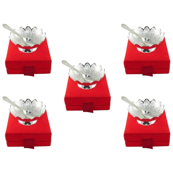 GoldGiftIdeas 4 Inch Silver Plated Lotus Serving Bowl, Brass Bowl for Gift, Return Gifts for Wedding, Silver Plated Bowl Gift Item for Party (Pack of 5)