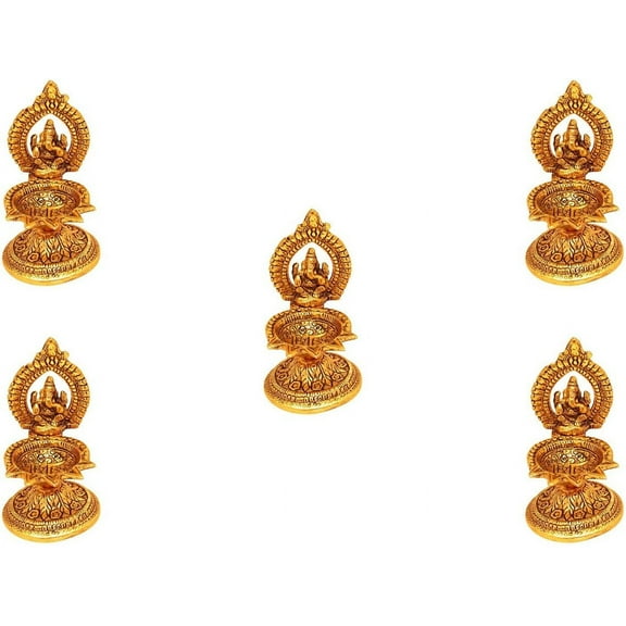 GoldGiftIdeas Oxidized Gold Plated 5 Flame Ganesha Diyas for Pooja, Return Gifts, Ganpati Idol for Home, Hindu Religious Item for Gift (Pack of 20)