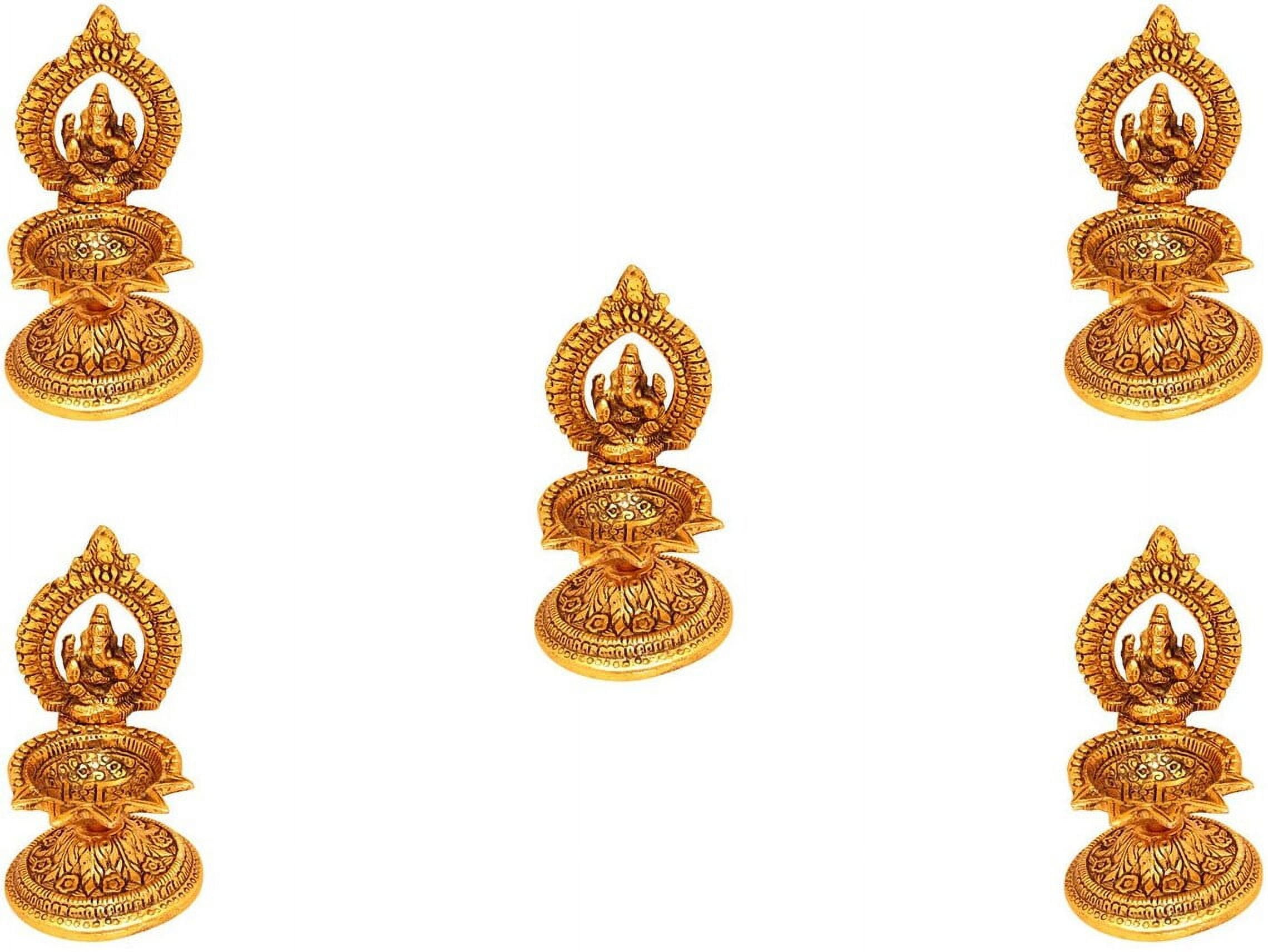 GoldGiftIdeas Oxidized Gold Plated 5 Flame Ganesha Diyas for Pooja