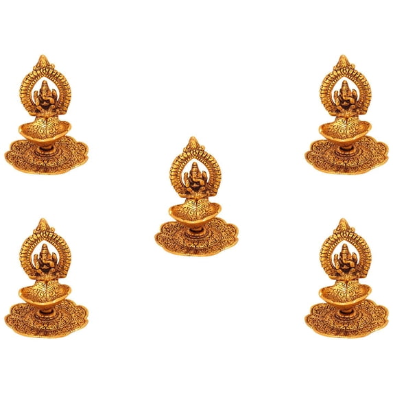 GoldGiftIdeas Oxidized Gold Plated Ganesha Diya for Gift, Housewarming Return Gifts, Decorative Diya for Pooja, Indian Pooja Items for Home (Pack of 5)