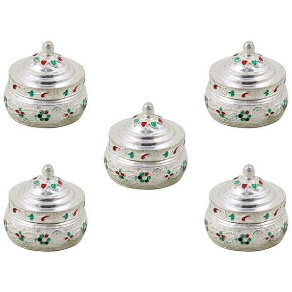 GoldGiftIdeas Silver Plated Meenakari Sindoor Dabbi with Lid, Indian KumKum Box, Pooja Items for Home, Spiritual Gift Item with Potli Bags (Pack of 5)