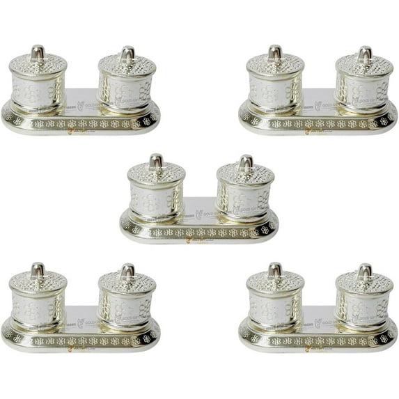 GoldGiftIdeas Silver Plated Two-In-One Sindoor Dabbi Kankavati for Puja, Sindoor Dani for Women, Return Gift for Ladies,Pooja Items for Home (Pack of 5)