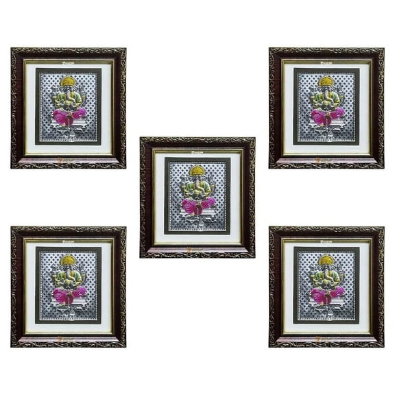 GoldGiftideas Pure Silver Ganesha Photo Frame for Gift and Pooja, Return Gifts for Housewarming, Silver Ganpati Idol Photo Frame for Home (Pack of 5)