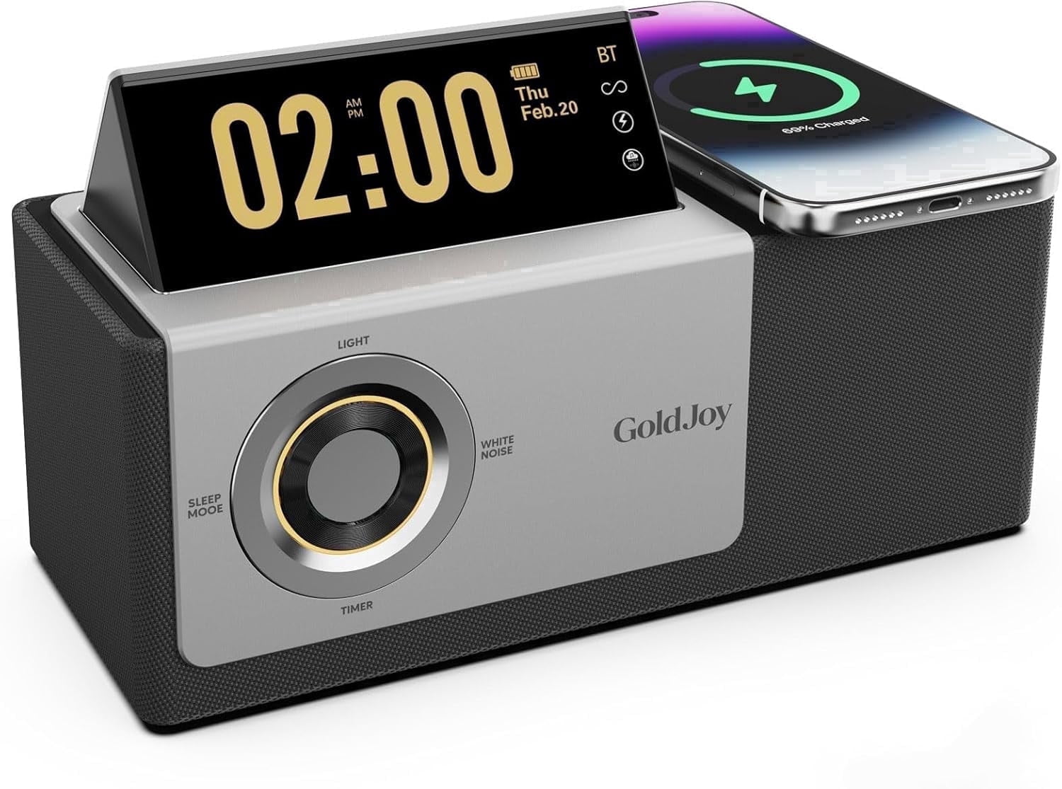 GoldJoy Flippable LCD Display Clocks, 7-in-1 Bluetooth Speaker, Wireless Charger, Sunset Lamp, White Noise, 4000mAh Battery