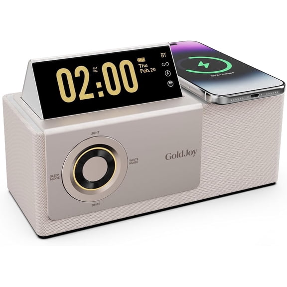 GoldJoy Speaker,Charging Station, Digital Clock,Sunset Lamp & White Noise for Gift- Beige