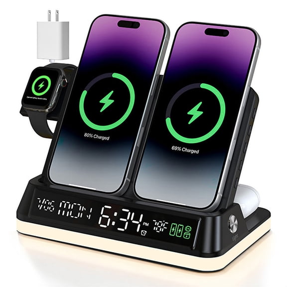 GoldJoy 7-in-1 Wireless Charging Station, Dual Phone Charger with Sunset Light, Alarm Clock & Temperature Display, 33W Charger Included