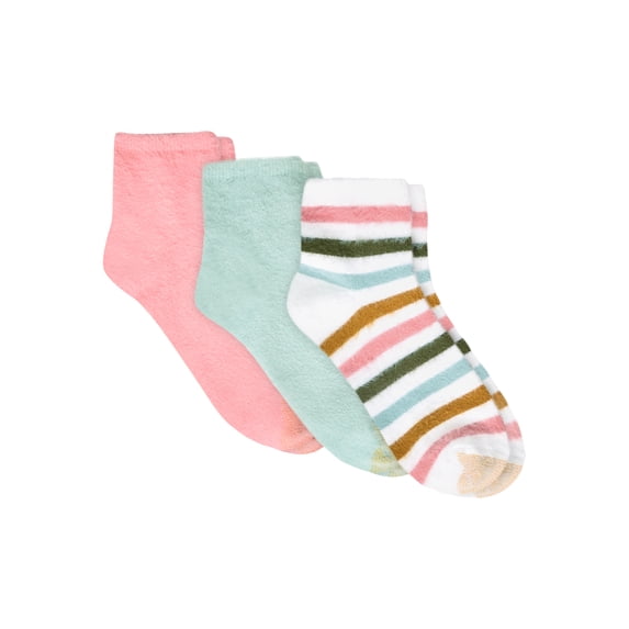 GoldToe Edition Women's Fuzzy Stripe Short Crew Socks Assorted, 3 Pairs, Size 6-9