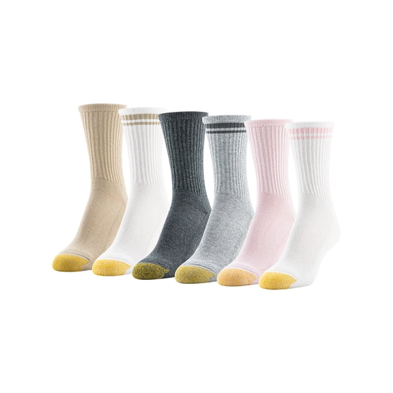 GoldToe Edition Women's Striped Half Cushion Short Crew Socks Assorted, 6 Pairs, Size 6-9