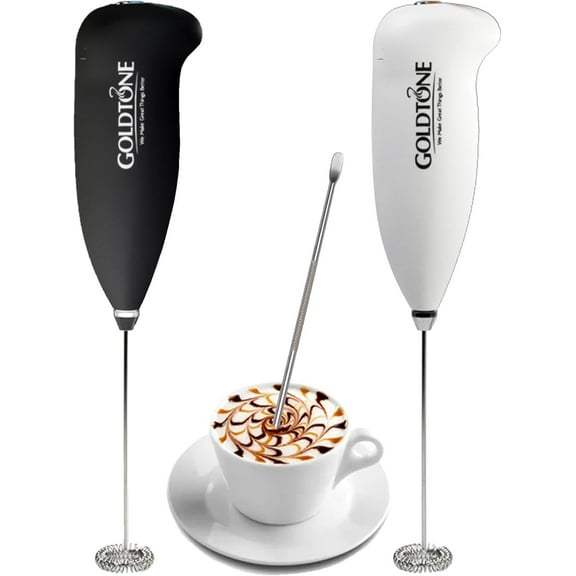 GoldTone Powerful Milk Frother Handheld Foam Maker for Lattes with Coffee Art Stick Included - Whisk Drink Mixer, Mini Foamer for Cappuccino, Frappe, Matcha, Hot Chocolate (White)