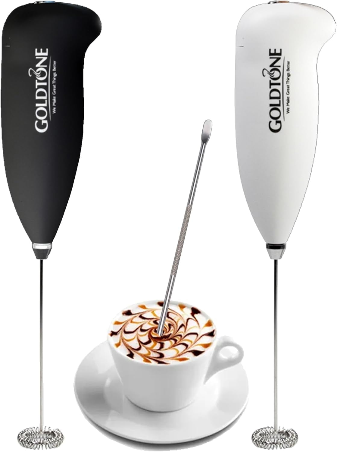 GoldTone Powerful Milk Frother Handheld Foam Maker for Lattes with Coffee Art Stick Included - Whisk Drink Mixer, Mini Foamer for Cappuccino, Frappe, Matcha, Hot Chocolate (Black)
