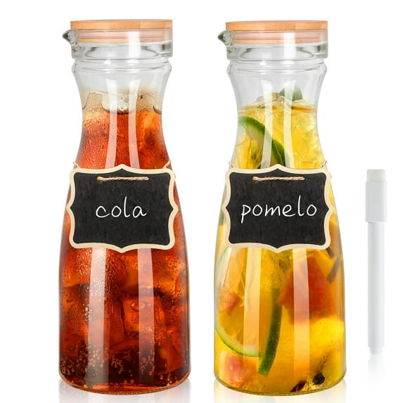 Goldarea 2Pcs Glass Carafes with Bamboo lids,40oz Beverage Pitcher Carafe for Mimosa Bar.