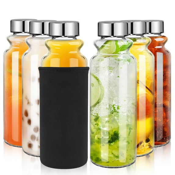 Goldarea 6Pcs 18oz Portable Glass Water Bottles,Bulk Water Bottles,Clear,Juice,Sleeves.