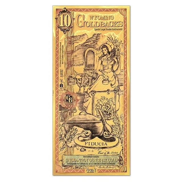 Wisconsin Gold Back Goldback Fiducia Wyoming 10, 1/100th Troy Oz 24k Gold-Backed Currency ...