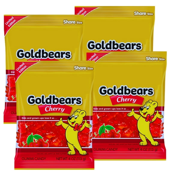 Goldbears Cherry Gummi Candy Limited Edition, 4oz Share Size (Pack of 4) Delicious Fruit Flavored Gummies Sweet Party Treats Bag Fillers Gourmet Desserts