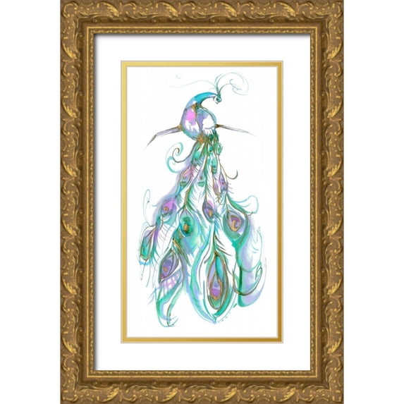 Goldberger, Jennifer 10x14 Gold Ornate Wood Framed with Double Matting Museum Art Print Titled - Gilded Peacock Plumes II