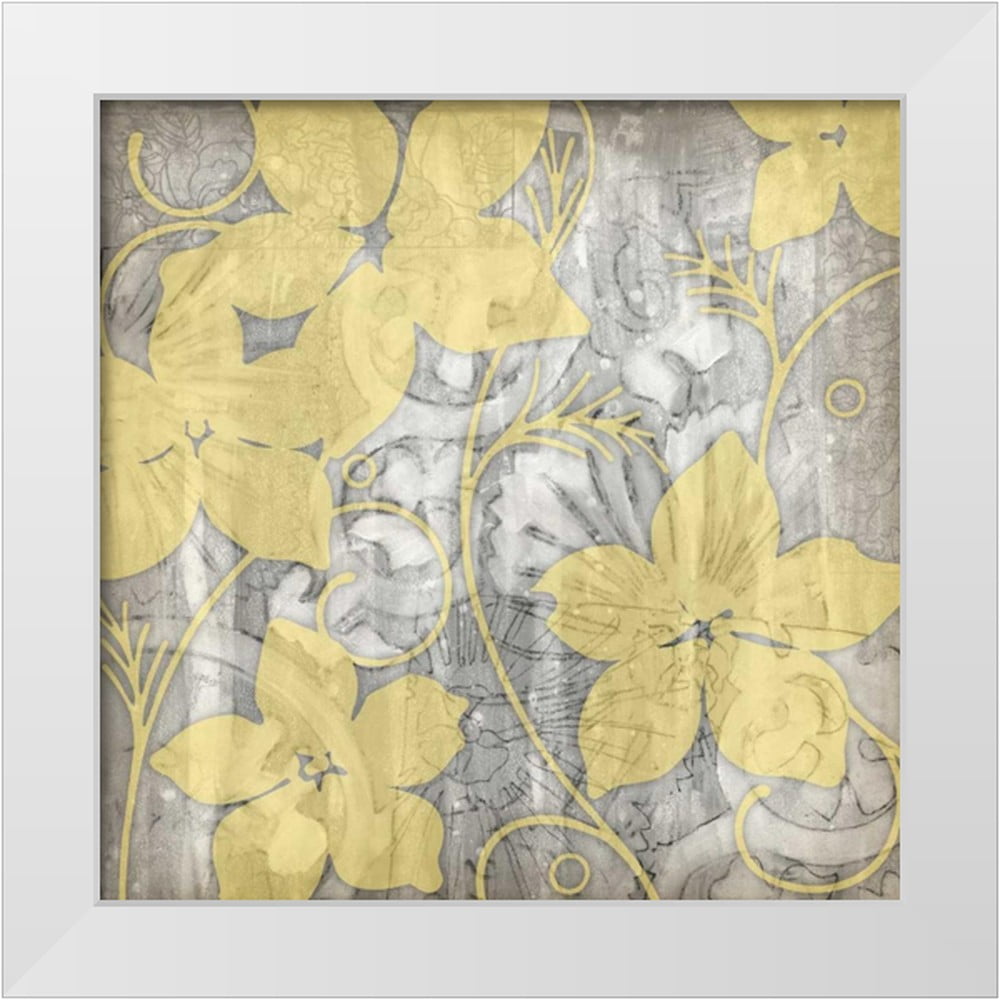 Yellow and Gray Floral Canvas Print with White Frame