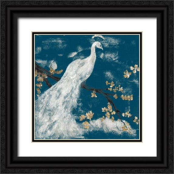 Goldberger, Jennifer 26x26 Black Ornate Wood Framed with Double Matting Museum Art Print Titled - White Peacock on Indigo I