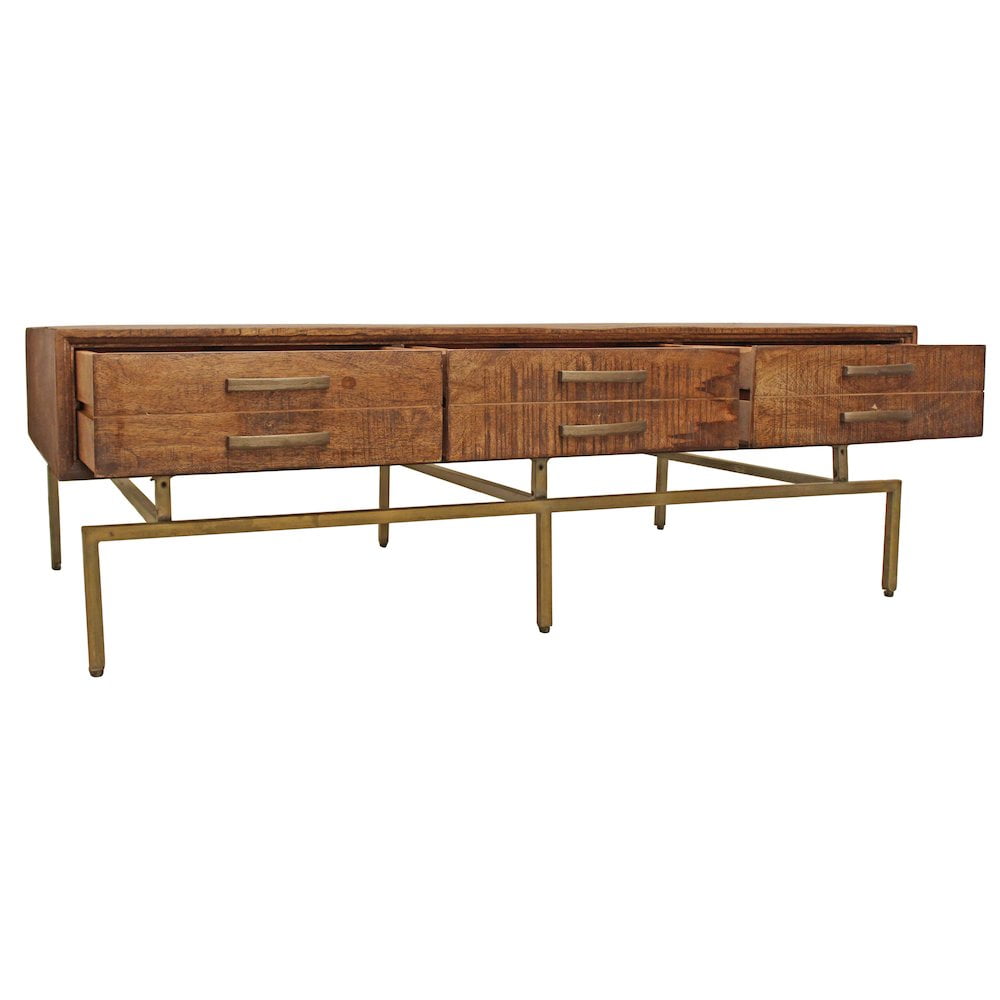 56" Brown Solid Wood Rectangular Coffee Table with Brass Base