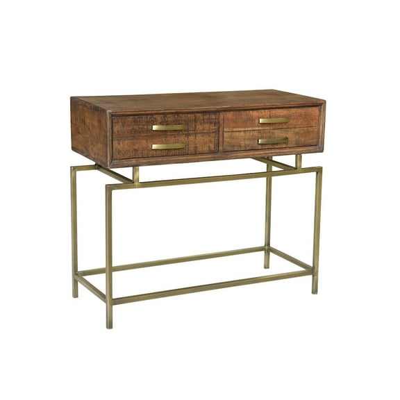 Goldbust Solid Wood Console Table in Natural with Brass-Finished Iron Base