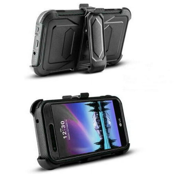 Goldcherry For LV3 2018 Case, LG Zone 4/LG Aristo 2/Aristo 3/K8 2018/X210 case , Heavy-Duty Shockproof Full Body Rugged Hybrid Case with Rotating Belt Clip and Bracket Armor Cover(Black)