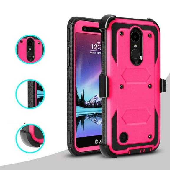 Goldcherry For LV3 2018 Case, LG Zone 4/LG Aristo 2/Aristo 3/K8 2018/X210 case , Heavy-Duty Shockproof Full Body Rugged Hybrid Case with Rotating Belt Clip and Bracket Armor Cover(Pink)