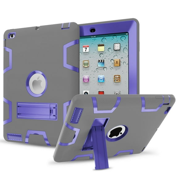 Goldcherry For iPad 9.7 inch 4th Case Three Layer Heavy Duty Shockproof Protective Hybrid High Impact Resistant Cover&Kickstand For Apple iPad 9.7 inch 4th 3th 2th Gen(Gray+Purple)