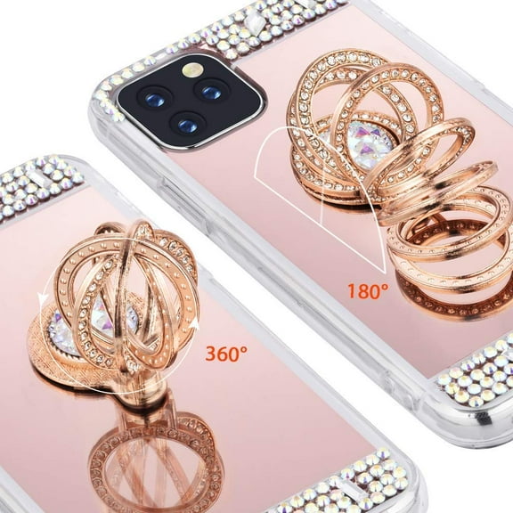 Goldcherry For iPhone 11 Mirror Case with Ring Holder Kickstand for Girls Women Bling Shining Rhinestone Diamond Luxury Makeup Case for iPhone 11 6.1 inch(Gold)