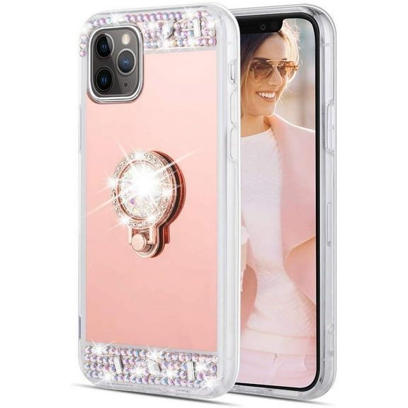 Goldcherry For iPhone 11 Pro Mirror Case with Ring Holder Kickstand for Girls Women Bling Shining Rhinestone Diamond Luxury Makeup Case for iPhone Pro 5.8 inch(Rose Gold)