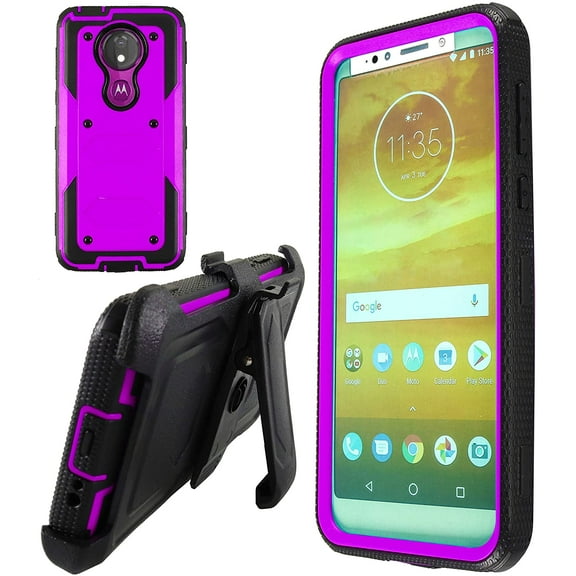 Goldcherry Moto G7 Power Case,Moto G7 Supra/Moto E5 Plus Case, Heavy-Duty Shockproof Full Body Protection Rugged Hybrid Case with Rotating Belt Clip and Bracket 2019 Release(Purple)