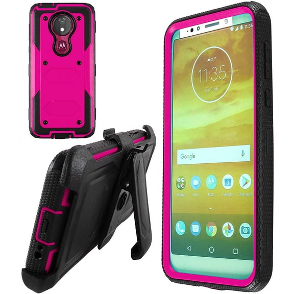 Goldcherry Moto G7 Power Case,Moto G7 Supra/Moto E5 Plus Case, Heavy-Duty Shockproof Full Body Protection Rugged Hybrid Case with Rotating Belt Clip and Bracket 2019 Release(Rose red)