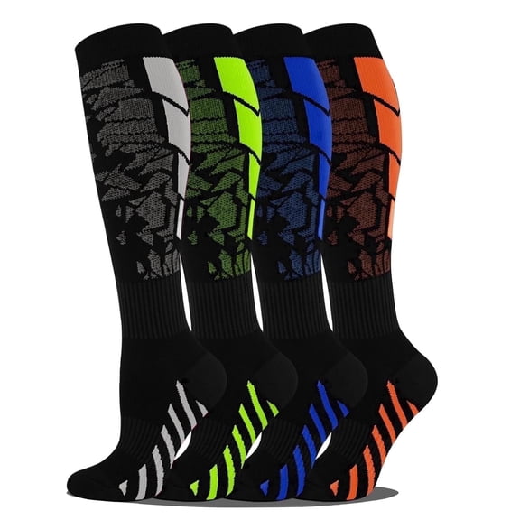 Goldeer Compression Socks 15-20 mmHg Knee High, 4 Pairs Graduated Support for Men & Women, Athletic Running & Everyday Wear, Breathable Nylon Polyester Colorful Sport Design