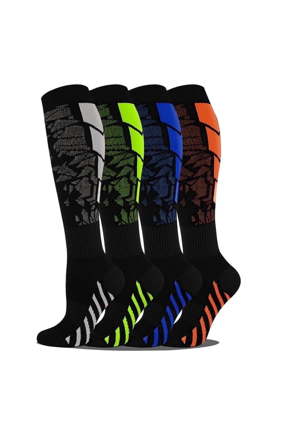 Compression Socks 15-20 mmHg Knee High, 4 Pairs Graduated Support for Men & Women, Athletic Running & Everyday Wear, Breathable Nylon Polyester Colorful Sport Design