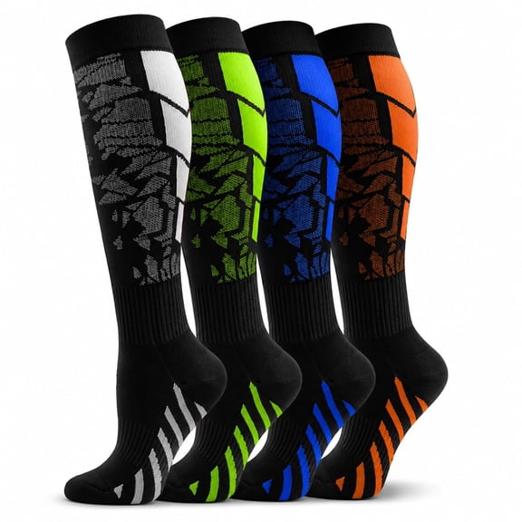 Goldeer Compression Socks 15-20 mmHg Knee High, 4 Pairs Graduated Support for Men & Women, Athletic Running & Everyday Wear, Breathable Nylon Polyester Colorful Sport Design