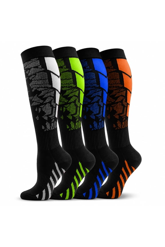 Compression Socks 15-20 mmHg Knee High, 4 Pairs Graduated Support for Men & Women, Athletic Running & Everyday Wear, Breathable Nylon Polyester Colorful Sport Design