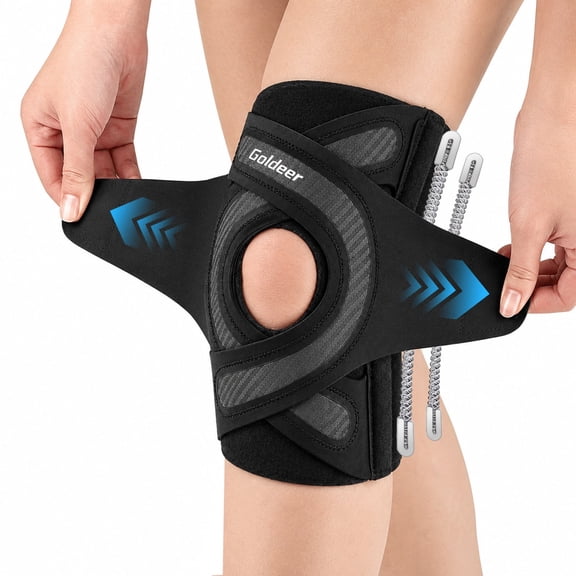 Goldeer Knee Brace with 4 Spring Stabilizers, Adjustable Open Knee Support with V-Shaped Pad for Meniscus Support, Running, Workout, Black